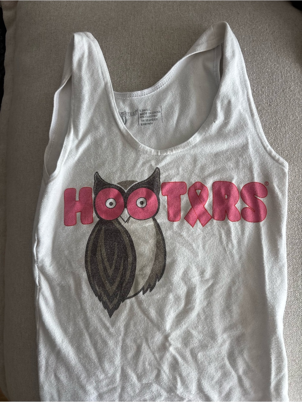Hooters White Tank Top with Pink Logo and Brown Owl